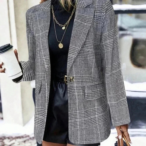 Chocolate Brown Casual Women's Plaid Print Elegant Long Sleeve Blazer - Picture 3 of 4